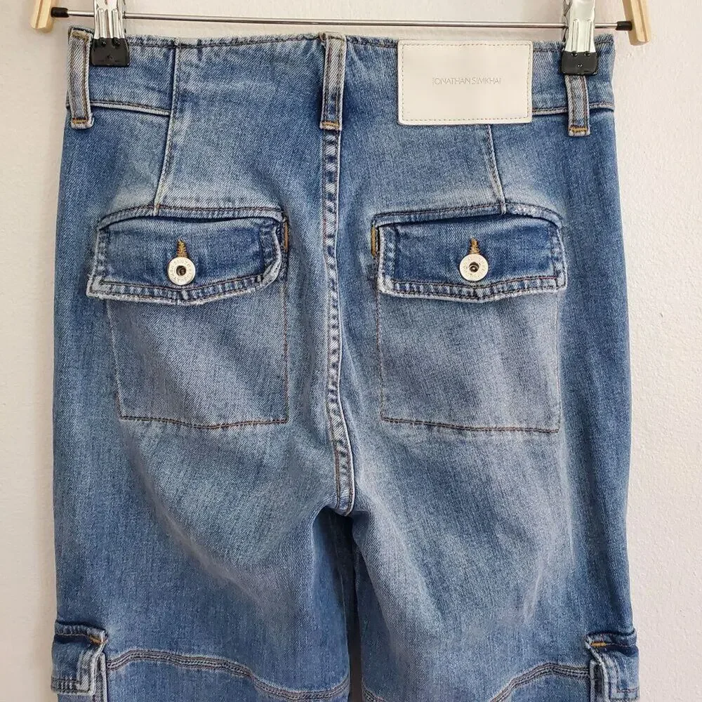 Jonathan Simkhai Payton Denim Cargo Jeans Mid Rise Straight Leg Zipper‎ Hem